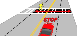 Diagram of a red car approaching a crosswalk where a yellow pedestrian figure is crossing, with the word STOP in bold letters in front of the car.
